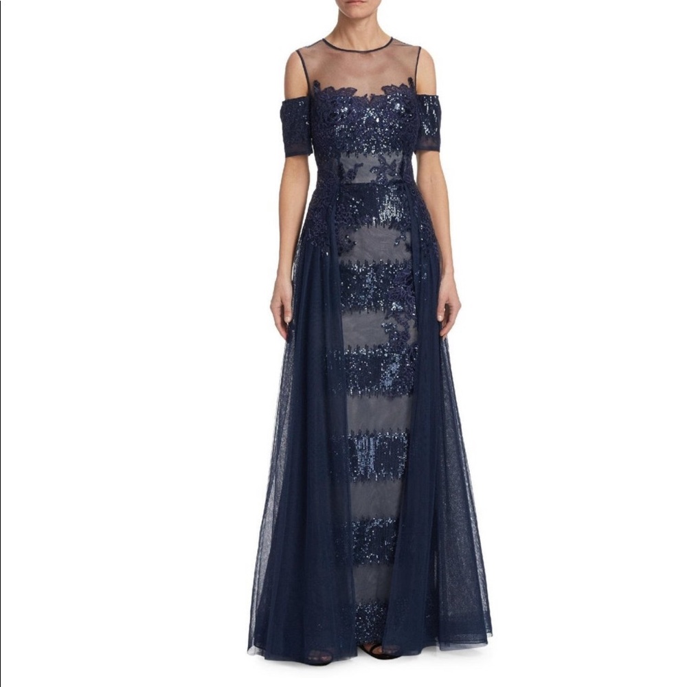 Teri Jon Sequin Lace Cold Shoulder Evening Gown